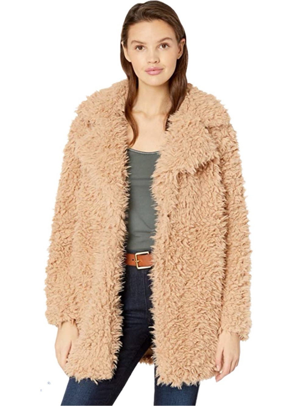 Romeo + Juliet Couture Camel Fuzzy Faux Fur Teddy Bear Coat Jacket Mob Wife Y2K